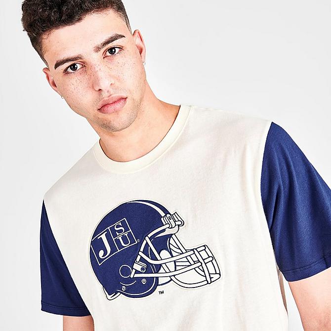 On Model 5 view of Men's Mitchell & Ness Jackson State Tigers College Color-Blocked T-Shirt in White/Navy Click to zoom