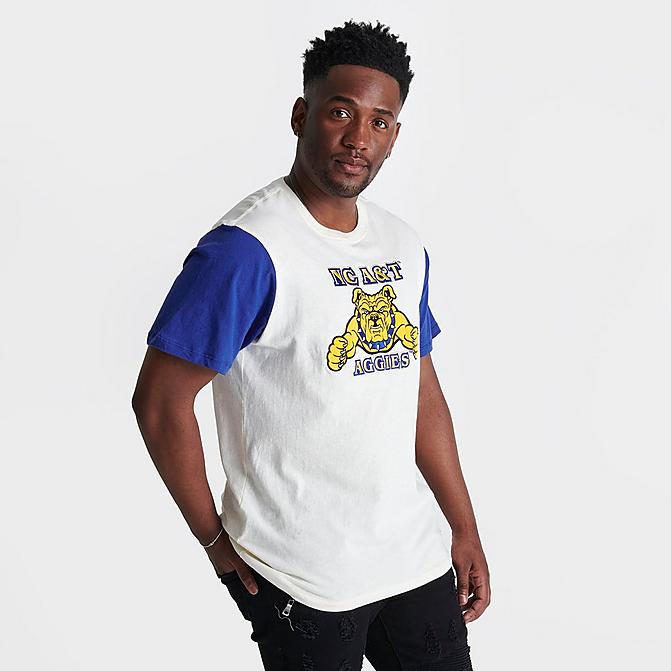 Front view of Men's Mitchell & Ness North Carolina A&T Bulldogs College Color-Blocked T-Shirt in White Click to zoom