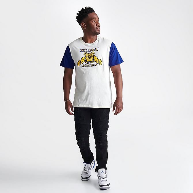 Front Three Quarter view of Men's Mitchell & Ness North Carolina A&T Bulldogs College Color-Blocked T-Shirt in White Click to zoom