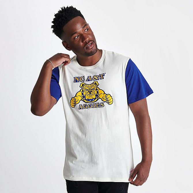 Back Left view of Men's Mitchell & Ness North Carolina A&T Bulldogs College Color-Blocked T-Shirt in White Click to zoom