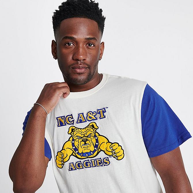 On Model 5 view of Men's Mitchell & Ness North Carolina A&T Bulldogs College Color-Blocked T-Shirt in White Click to zoom