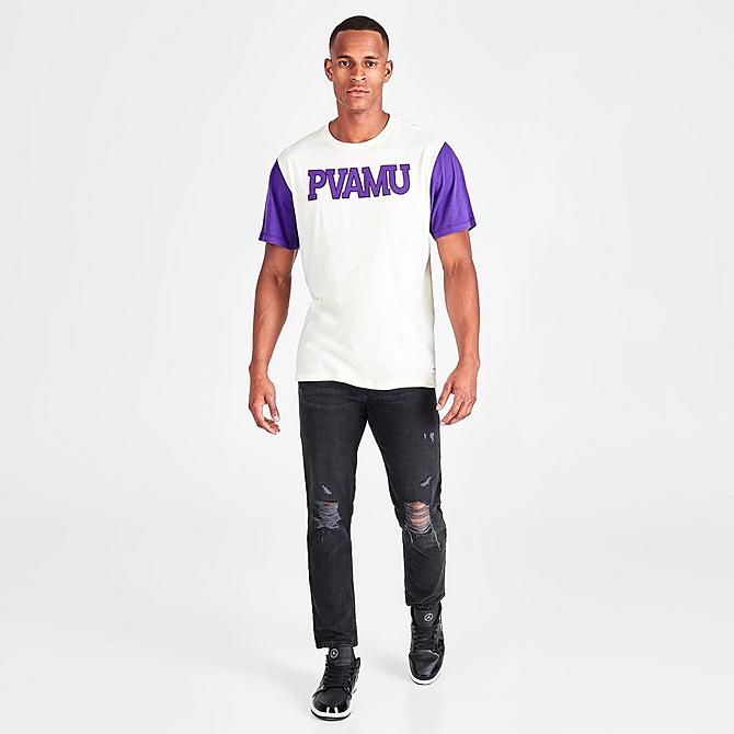 Front Three Quarter view of Men's Mitchell & Ness Color-Blocked Prairie View A&M Panthers College Short-Sleeve T-Shirt in White/Purple Click to zoom