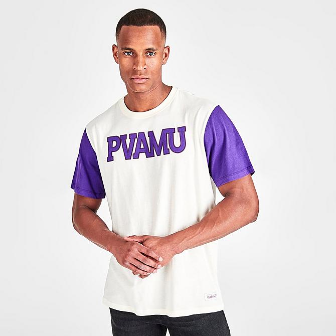 Back Left view of Men's Mitchell & Ness Color-Blocked Prairie View A&M Panthers College Short-Sleeve T-Shirt in White/Purple Click to zoom