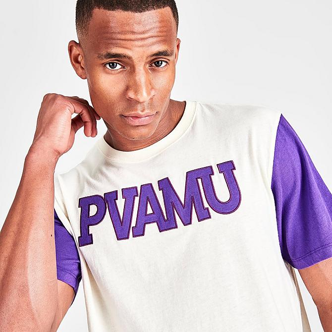 On Model 5 view of Men's Mitchell & Ness Color-Blocked Prairie View A&M Panthers College Short-Sleeve T-Shirt in White/Purple Click to zoom