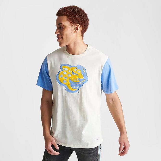 Back Left view of Men's Mitchell & Ness Southern University Jaguars College Color-Blocked T-Shirt in White Click to zoom