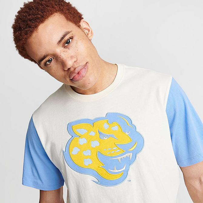 On Model 5 view of Men's Mitchell & Ness Southern University Jaguars College Color-Blocked T-Shirt in White Click to zoom