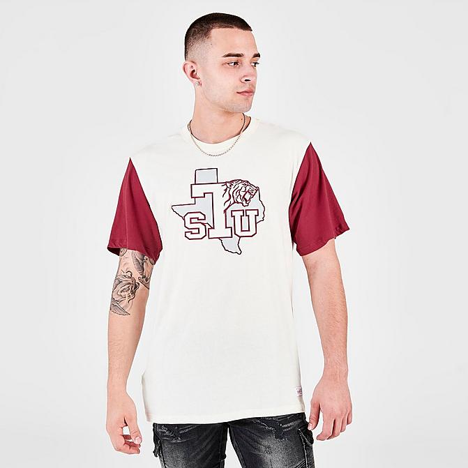 Front view of Men's Mitchell & Ness Texas Southern Tigers College Color-Blocked T-Shirt in White Click to zoom