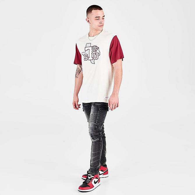 Front Three Quarter view of Men's Mitchell & Ness Texas Southern Tigers College Color-Blocked T-Shirt in White Click to zoom