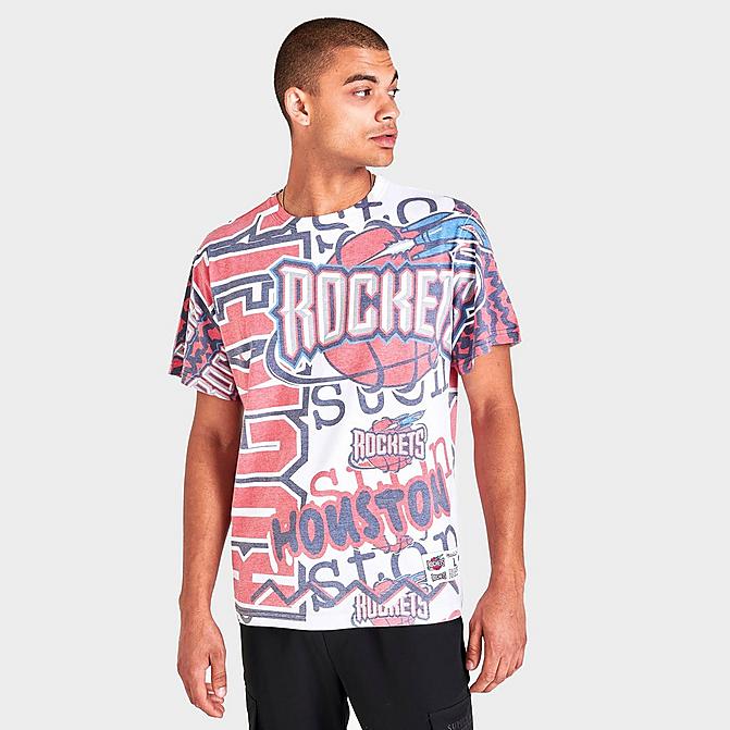 Front view of Men's Mitchell & Ness Houston Rockets NBA Jumbotron T-Shirt in Blue/Red Click to zoom