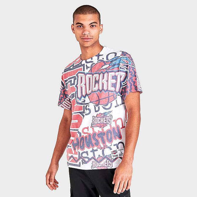 Back Left view of Men's Mitchell & Ness Houston Rockets NBA Jumbotron T-Shirt in Blue/Red Click to zoom