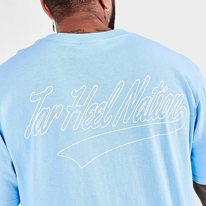 On Model 6 view of Men's Mitchell & Ness North Carolina Tar Heels College Champs T-Shirt in Carolina Blue Click to zoom