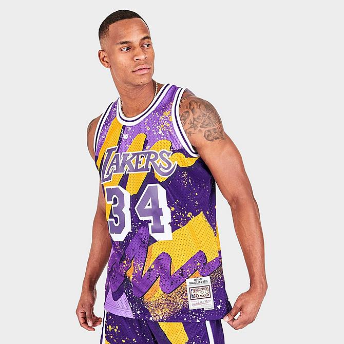 [angle] view of Men's Mitchell & Ness Los Angeles Lakers NBA Hyper Hoops Swingman Jersey in Purple Click to zoom
