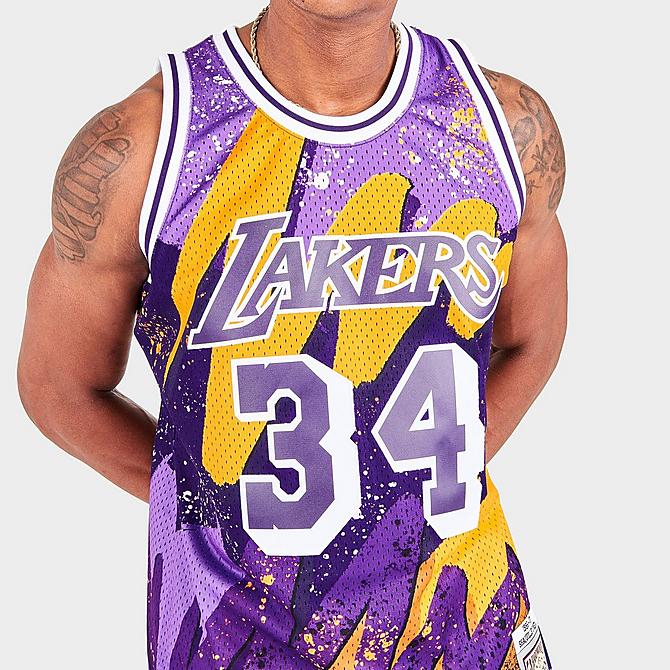 [angle] view of Men's Mitchell & Ness Los Angeles Lakers NBA Hyper Hoops Swingman Jersey in Purple Click to zoom