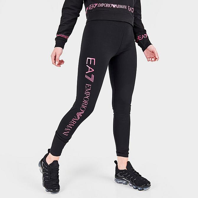 Front view of Women's Emporio Armani EA7 Vertical Logo Stretch Leggings in Black Click to zoom