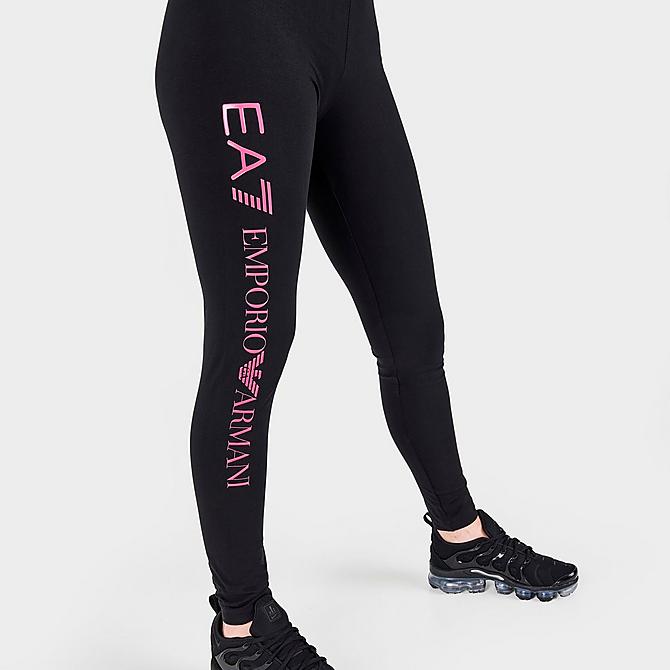 On Model 6 view of Women's Emporio Armani EA7 Vertical Logo Stretch Leggings in Black Click to zoom