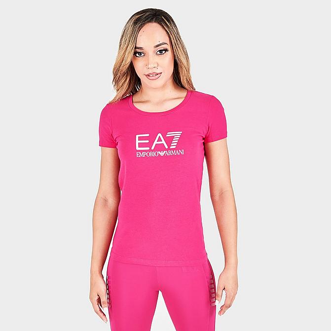 Front view of Women's Emporio Armani EA7 Shine T-Shirt in Raspberry Sorbet Click to zoom