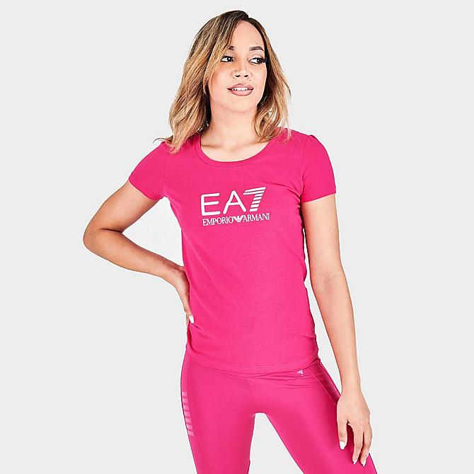Back Left view of Women's Emporio Armani EA7 Shine T-Shirt in Raspberry Sorbet Click to zoom
