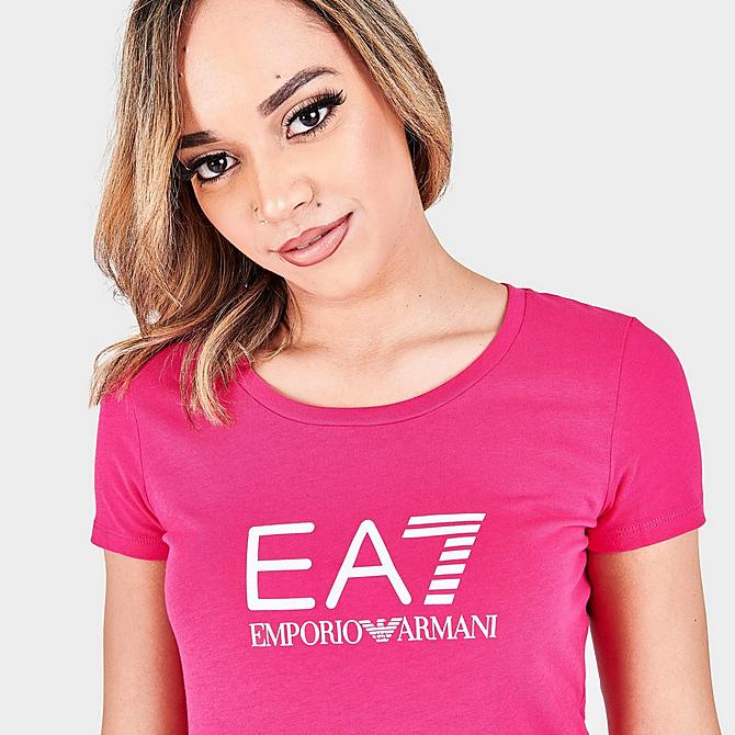 On Model 5 view of Women's Emporio Armani EA7 Shine T-Shirt in Raspberry Sorbet Click to zoom