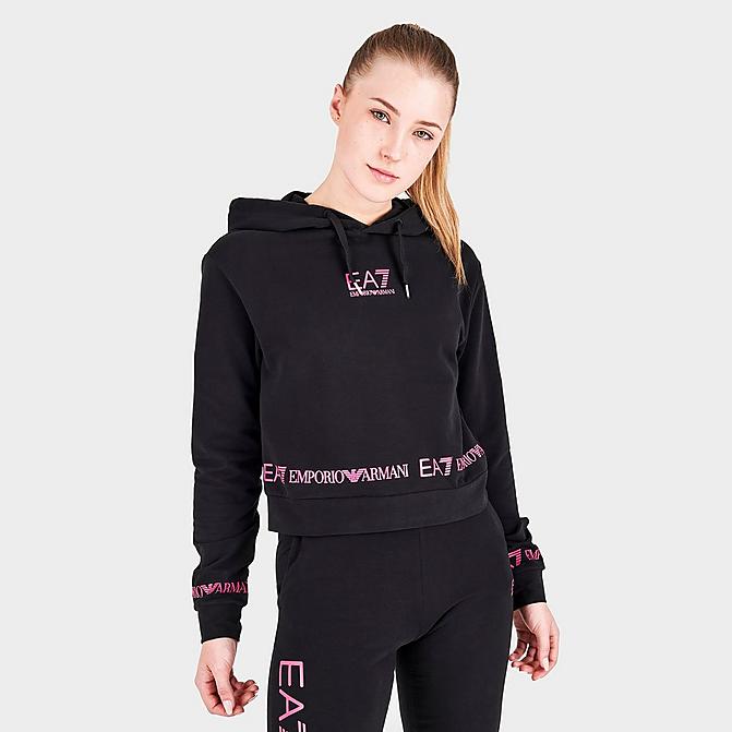 Front view of Women's Emporio Armani EA7 Tape Logo Cropped Hoodie in Black Click to zoom