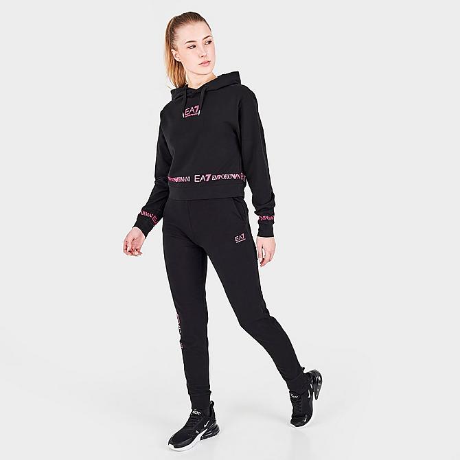 Front Three Quarter view of Women's Emporio Armani EA7 Tape Logo Cropped Hoodie in Black Click to zoom
