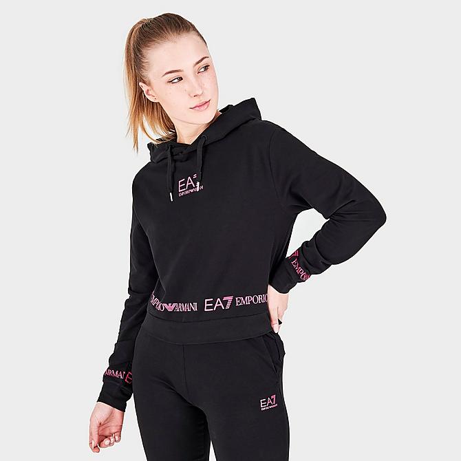 Back Left view of Women's Emporio Armani EA7 Tape Logo Cropped Hoodie in Black Click to zoom
