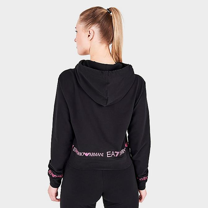 Back Right view of Women's Emporio Armani EA7 Tape Logo Cropped Hoodie in Black Click to zoom