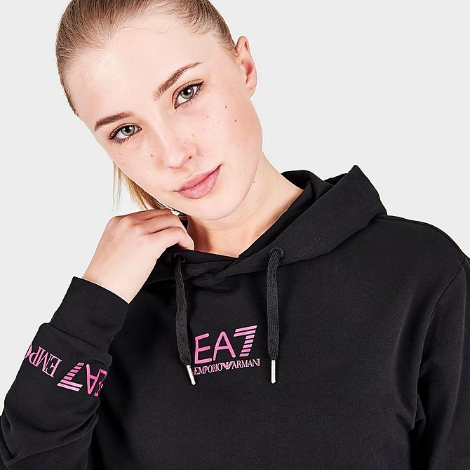 On Model 5 view of Women's Emporio Armani EA7 Tape Logo Cropped Hoodie in Black Click to zoom