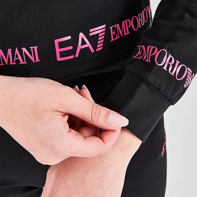 On Model 6 view of Women's Emporio Armani EA7 Tape Logo Cropped Hoodie in Black Click to zoom