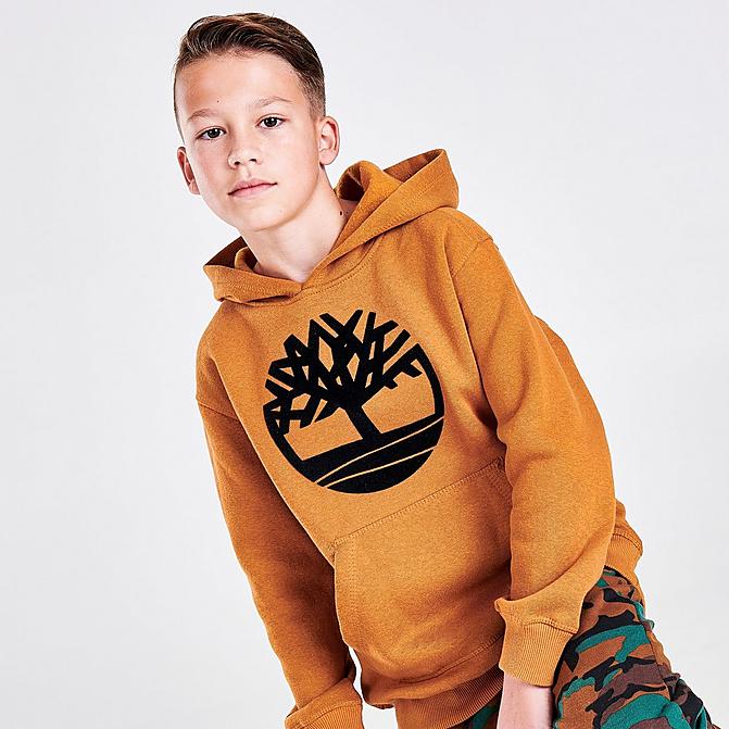 Front view of Boys' Timberland Smith Pullover Hoodie in Wheat/Black Click to zoom