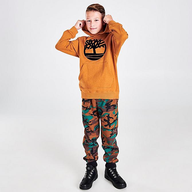 Front Three Quarter view of Boys' Timberland Smith Pullover Hoodie in Wheat/Black Click to zoom
