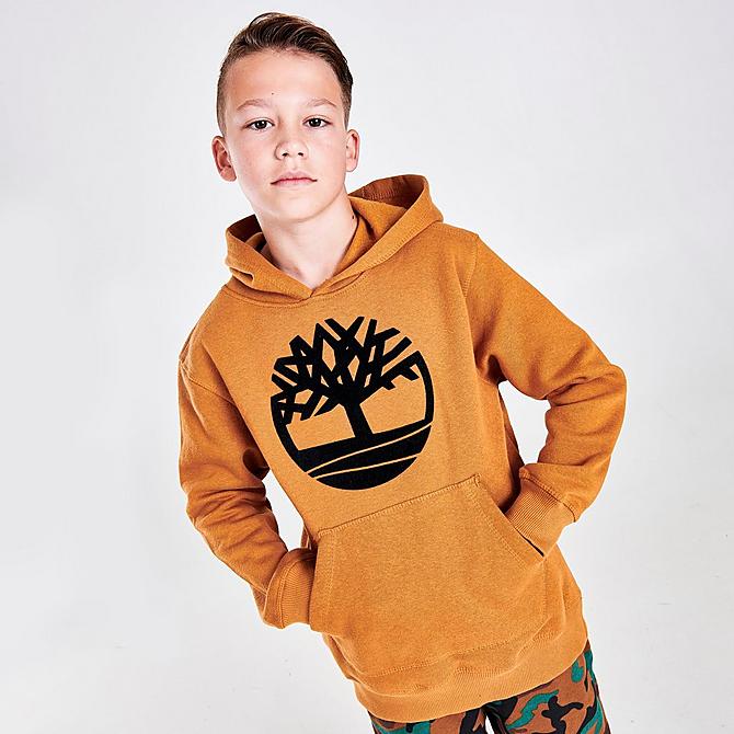 Back Left view of Boys' Timberland Smith Pullover Hoodie in Wheat/Black Click to zoom