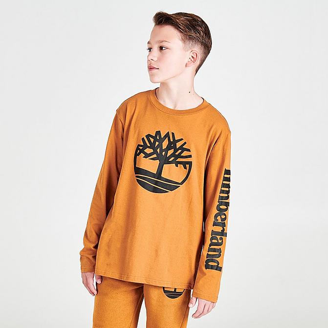 Front view of Boys' Timberland Big Tree Arm Hit Long-Sleeve T-Shirt in Wheat Click to zoom