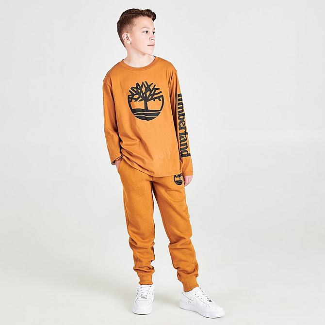 Front Three Quarter view of Boys' Timberland Big Tree Arm Hit Long-Sleeve T-Shirt in Wheat Click to zoom