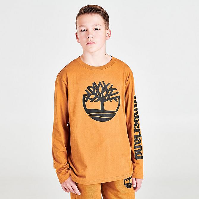 Back Left view of Boys' Timberland Big Tree Arm Hit Long-Sleeve T-Shirt in Wheat Click to zoom