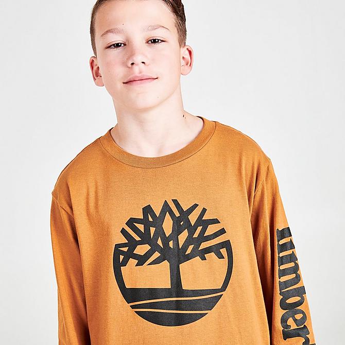 On Model 5 view of Boys' Timberland Big Tree Arm Hit Long-Sleeve T-Shirt in Wheat Click to zoom