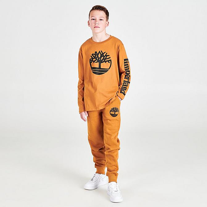 Front view of Boys' Timberland Big Tree Fleece Jogger Pants in Wheat Click to zoom