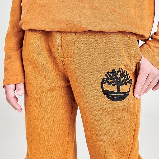 On Model 5 view of Boys' Timberland Big Tree Fleece Jogger Pants in Wheat Click to zoom