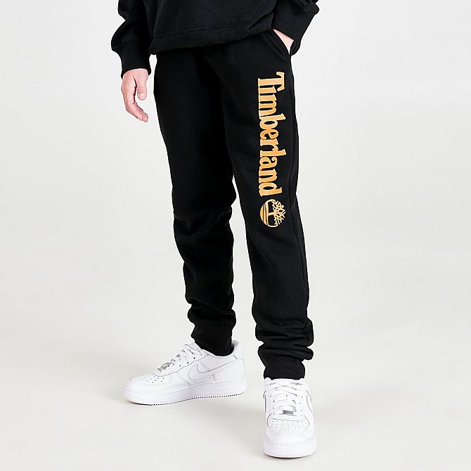 Front Three Quarter view of Boys' Timberland Script Logo Jogger Pants in Black Click to zoom