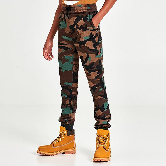 Front view of Boys' Timberland Camo Jogger Pants in Smoke Pine Click to zoom