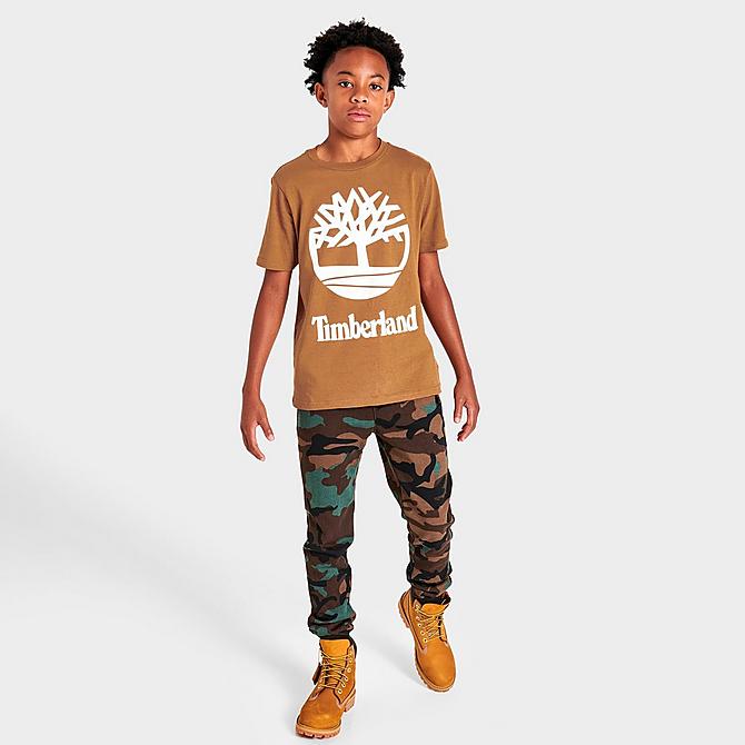 Front Three Quarter view of Boys' Timberland Camo Jogger Pants in Smoke Pine Click to zoom