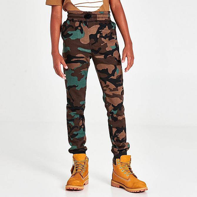 Back Left view of Boys' Timberland Camo Jogger Pants in Smoke Pine Click to zoom