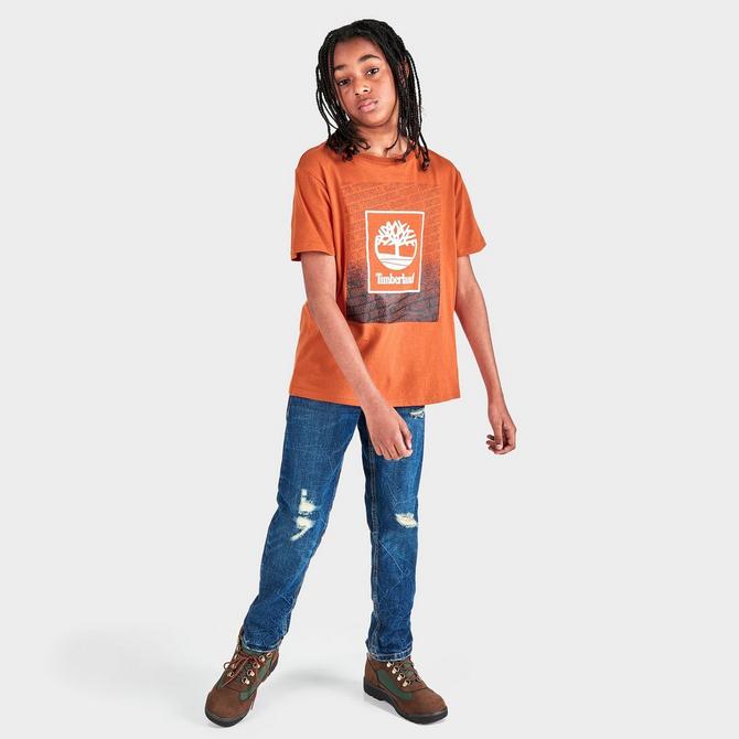 Front Three Quarter view of Boys' Timberland Box Logo T-Shirt in Burnt Ochre Click to zoom