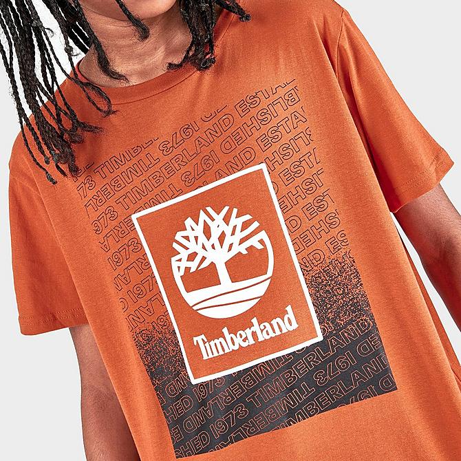 On Model 5 view of Boys' Timberland Box Logo T-Shirt in Burnt Ochre Click to zoom