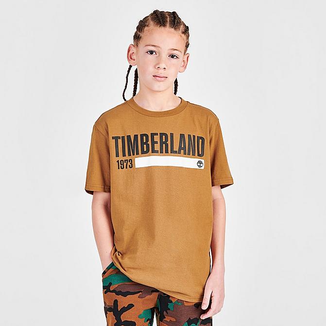 Front view of Kids' Timberland Work Logo T-Shirt in Wheat Click to zoom