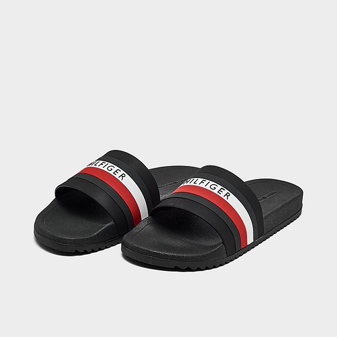 Three Quarter view of Tommy Hilfiger Riker Slide Sandals in Black/White/Red Click to zoom