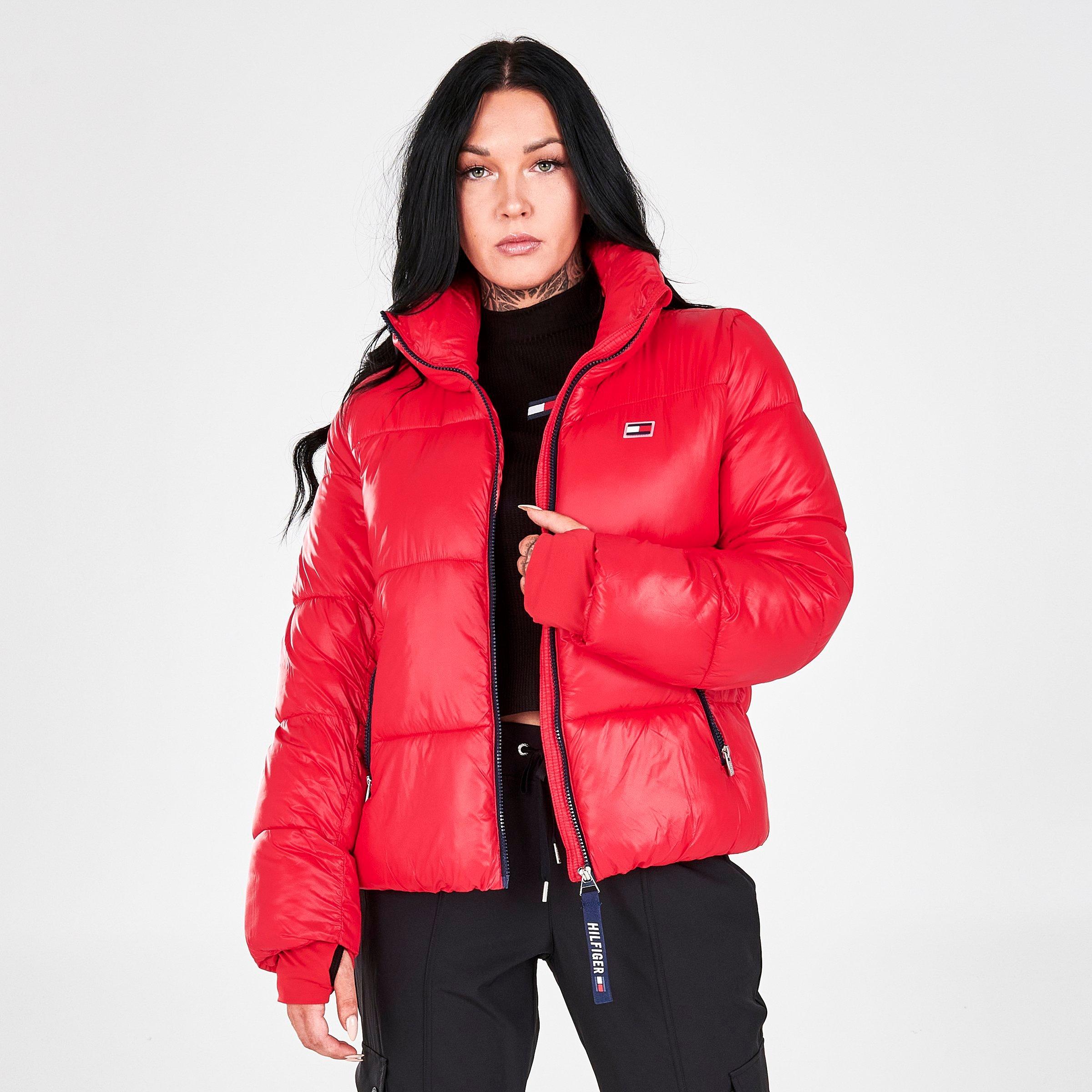 womens cropped red puffer jacket