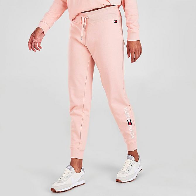 Back Left view of Women's Tommy Hilfiger Printed Logo Jogger Pants in Tropical Peach Click to zoom