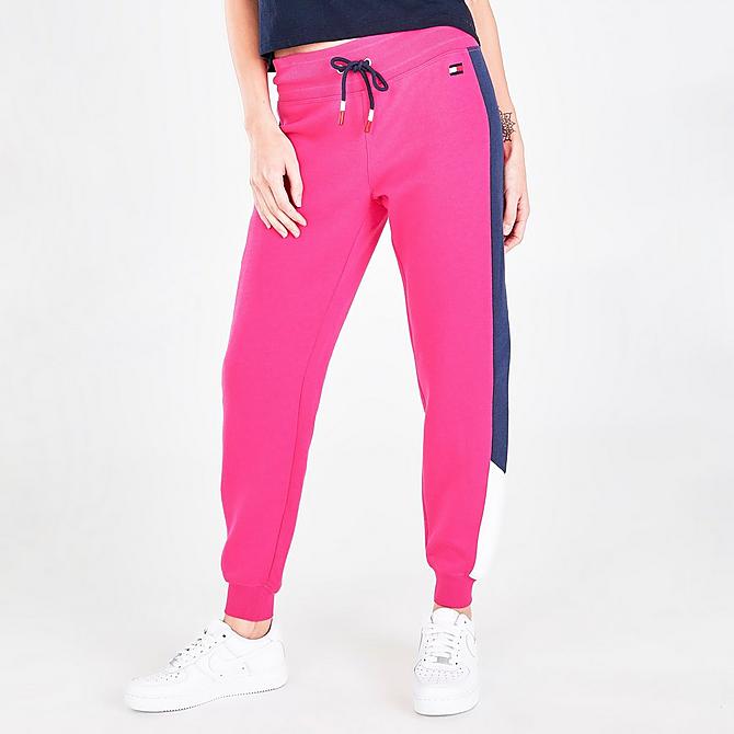 Front Three Quarter view of Women's Tommy Hilfiger Jogger Pants in Electric Magenta Click to zoom