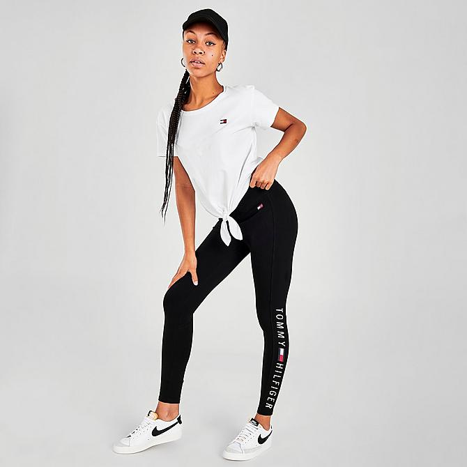 Front Three Quarter view of Women's Tommy Hilfiger Logo High-Rise Leggings in Black Click to zoom