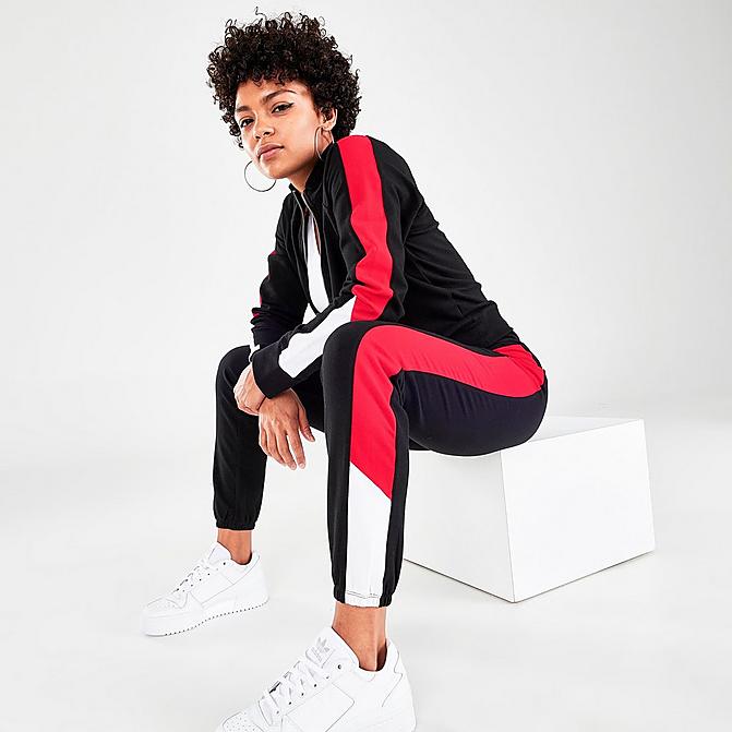 Front view of Women's Tommy Hilfiger Slant Jogger Pants in Black/Red/White Click to zoom